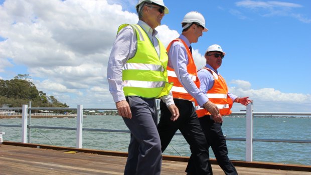 Council Field Services chairman David McLachlan, Lord Mayor Graham Quirk and Sandgate Chamber of Commerce Chairman Bill Gollan at a Shorncliffe pier site inspection earlier this year.