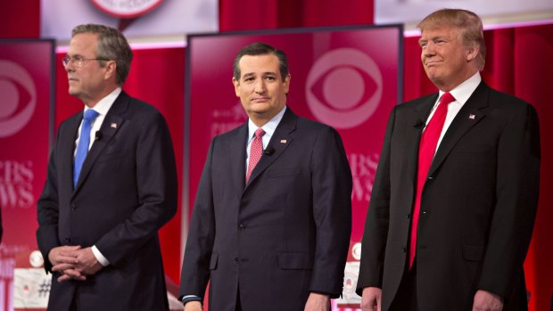 Bad blood: Mr Trump with (from left) Jeb Bush and Ted Cruz at a Republican Party debate in South Carolina in February.