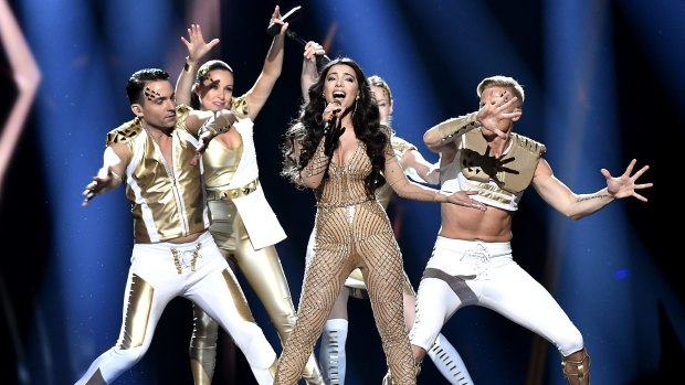 Azerbaijan's Samra, center, performs 'Miracle' during the first Eurovision Song Contest semifinal in Stockholm.