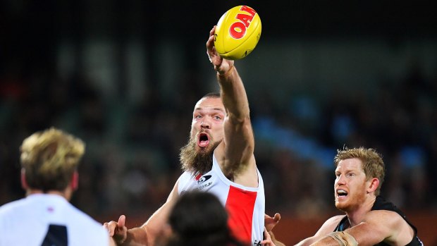 Tap out: Melbourne's Max Gawn in the ruck.