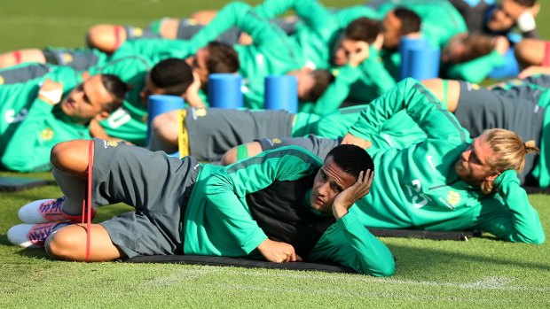 Warming up: Tim Cahill and his Socceroos teammates will play Bangladesh in a World Cup qualifier in Perth on Thursday night. 