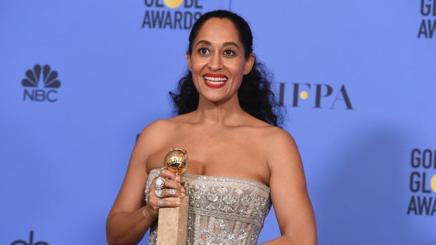 <i>Black-ish</i> actress Tracee Ellis Ross with the Golden Globe for best actress in a television series (musical or comedy).