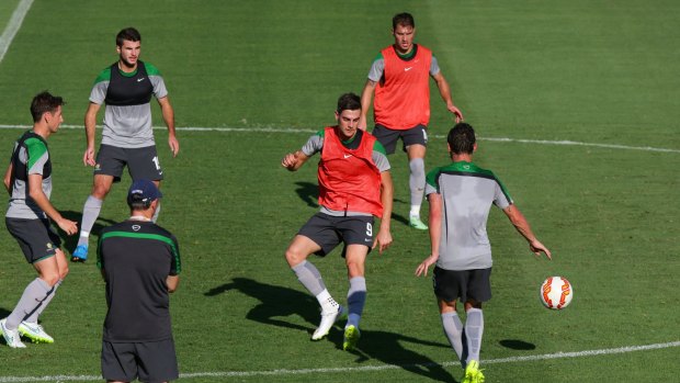 The Socceroos train in Newcastle on Sunday.
