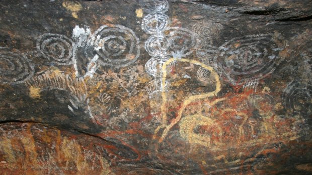Aboriginal cave paintings at a sacred religious site on Uluru.