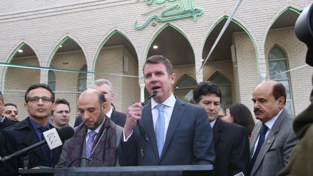 NSW Premier Mike Baird speaks outside Lakemba mosque during Eid, the end of Ramadan.