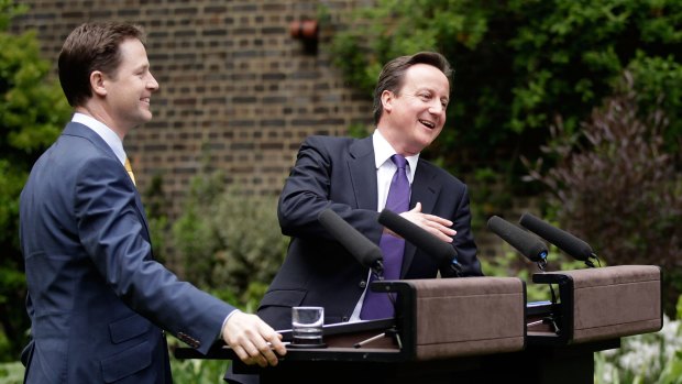 Conservative Prime Minister David Cameron (right) and then Liberal Democrat deputy prime minister Nick Clegg (left) at their first joint press conference in 2010 after they agreed to share power.