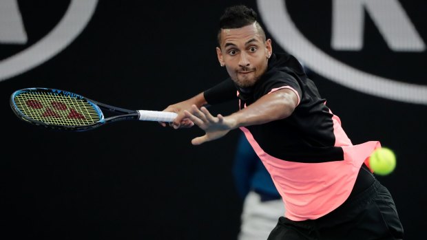 Kyrgios sets up a big forehand against Tsonga at Rod Laver Arena.
