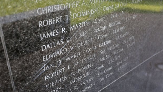 Part of  the vandalised NSW Police Force Wall of Remembrance at the Domain. 