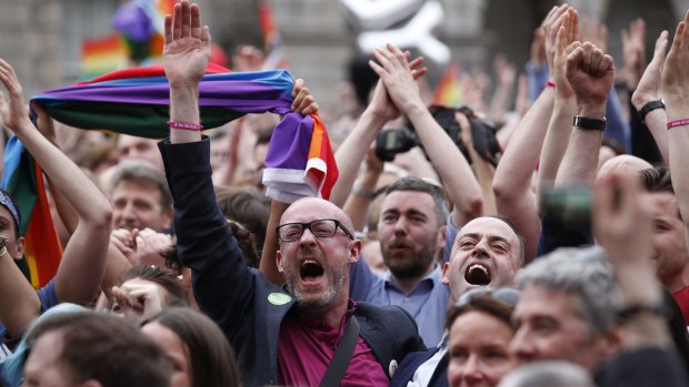 Yes supporters celebrate after the final result of the Irish marriage equality referendum  in Dublin.