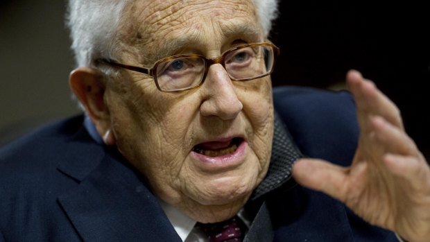Former US secretary of state Henry Kissinger speaks during a Senate Armed Services Committee hearing in Washington.