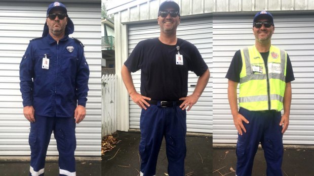 The full NSW Ambulance uniform (left), under-shirt (centre) and uniform the APA recommended its members to wear (right).