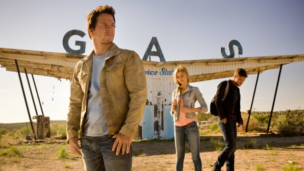 Mark Wahlberg, Nicola Peltz and Jack Reynor in <i>Transformers: Age of Extinction</i>.