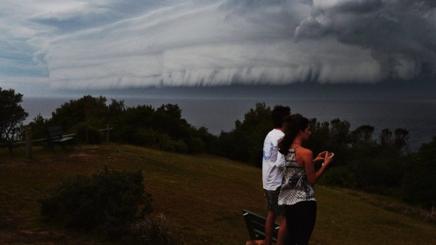 A massive shelf cloud along the coast at Mona Vale after storms hit the City.