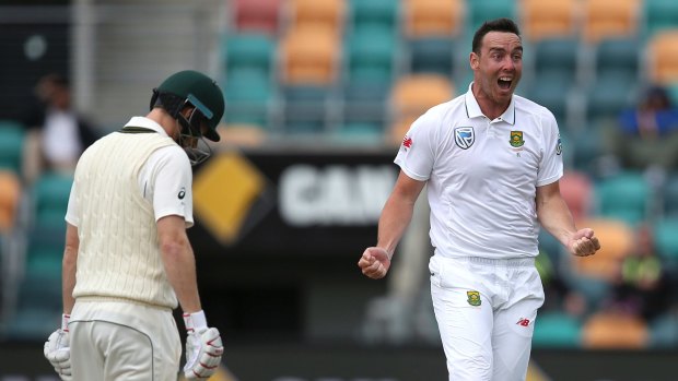 South Africa's Kyle Abbott celebrates after dismissing Adam Voges.