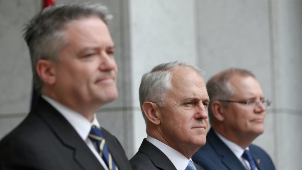 Finance Minister Mathias Cormann with Prime Minister Malcolm Turnbull and Treasurer Scott Morrison.