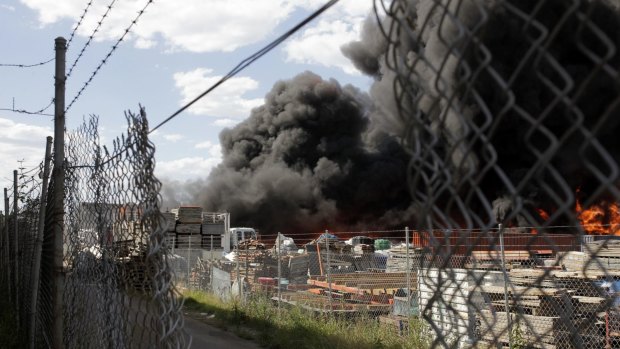 Buildings on fire at a factory complex in Lansvale, south-western Sydney