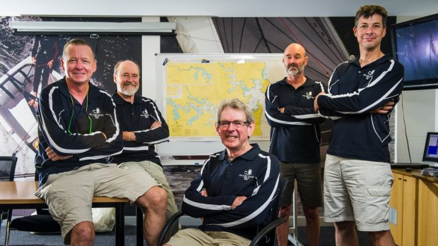 Pelagic Magic crew members Pat Cotterill, Paul Jones, Skipper Simon Dunlop, Michael Martin and Simon Chapple ahead of the Sydney to Hobart. 