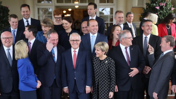 Malcolm Turnbull with his cabinet ministers after they were sworn in at Government House.