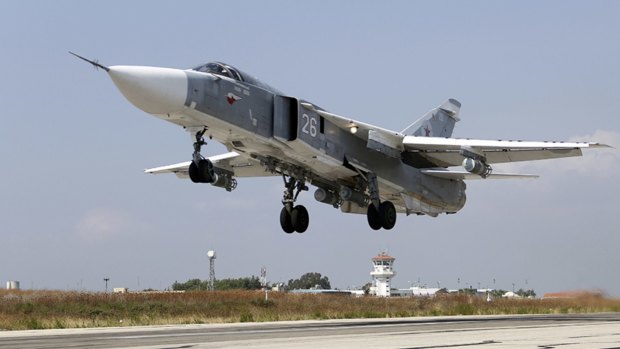 A Russian SU-24M fighter takes off from the Hmeimim air base in Syria.