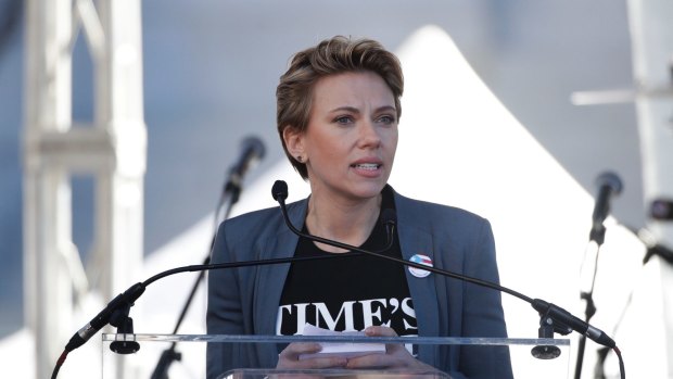 Actress Scarlett Johansson speaks at a Women's March against sexual violence and the policies of the Trump administration Saturday, Jan. 20, 2018, in Los Angeles.