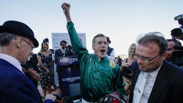 CAPITAL WIN: Jockey Blake Shinn who rode Capitalist to victory in the Longines Golden Slipper celebrates after the race at Rosehill (Photo by Fiona Morris/Getty/Fairfax Media)