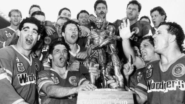 The Canberra Raiders celebrate their victory over Balmain in the 1989 rugby league grand final.