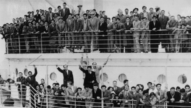 Immigrants from Europe arriving in Australia at Melbourne's Station Pier.
