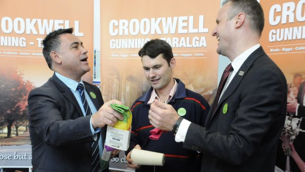 Member for Monaro John Barilaro and ACT Chief Minister Andrew Barr, along with Crookwell sock manufacturer Andrew Lindner, launch the Canberra Region network in Queanbeyan.