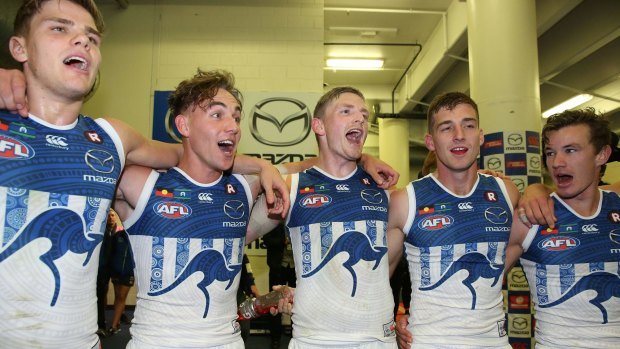Jack Ziebell and his Kangaroos teammates sing the song in the rooms after seeing off a resurgent Blues outfit.
