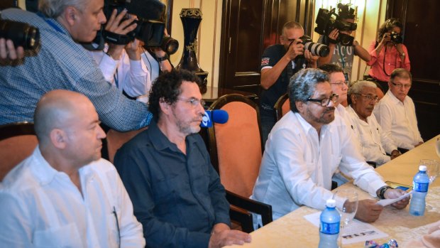Members of the Revolutionary Armed Forces of Colombia meet for peace talks in Havana.  