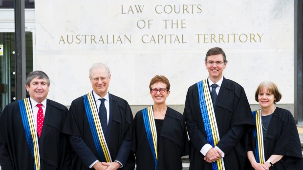 The current ACT Supreme Court judiciary. From left, Justice John Burns, Justice Richard Refshauge, Chief Justice Helen Murrell, Associate Justice David Mossop and Justice Hilary Penfold.