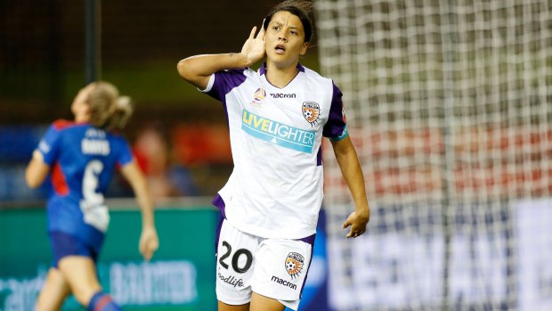 Sam Kerr scores for Perth Glory recently and will soon play for the Matildas in Perth.