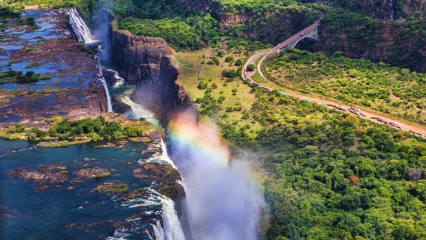 Rainbow over Victoria Falls in Zimbabwe. 