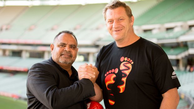 Re-united: Michael Long (left) and Damian Monkhorst at the Long Walk launch.