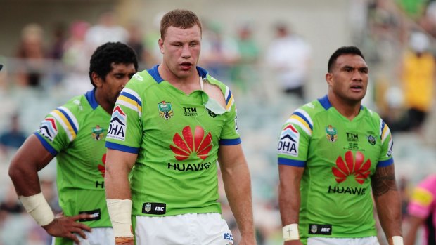 Exhausted Raiders forwards Sia Soliola, Shannon Boyd and Jeff Lima during Saturday's win over Penrith. 