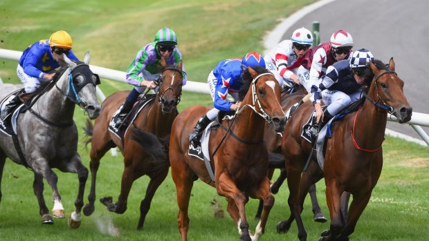 Linda Meech riding Runsati (outside) races up to Kieran Shoemark riding Bullpit to win the Jeep Handicap at Moonee Valley Racecourse on January 2, 