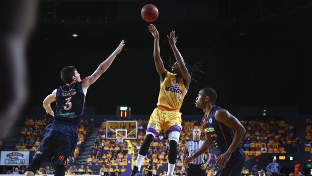 NBL debut: Marcus Thornton shoots during his first match for the Sydney Kings.