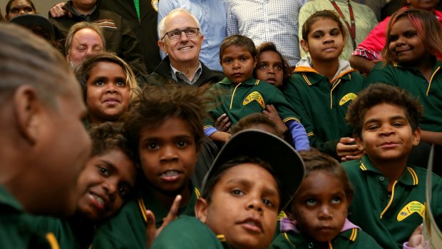 Malcolm Turnbull with students during a visit to the Yalata Anangu School in South Australia.