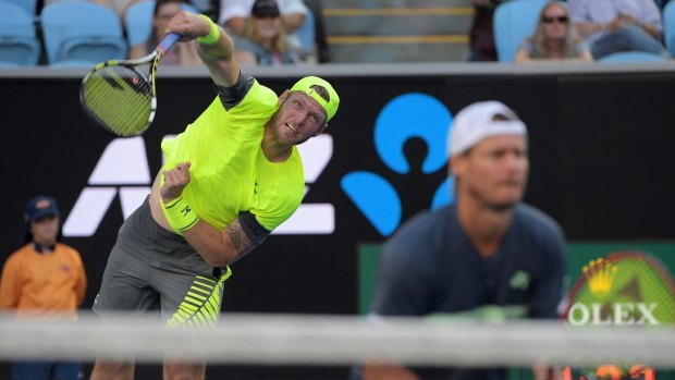 Key moments: Sam Groth (left) and Lleyton Hewitt (right) were unable to take their chances.