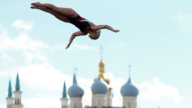 Winning effort:  Rachelle Simpson competes in the women's 20m high diving final.