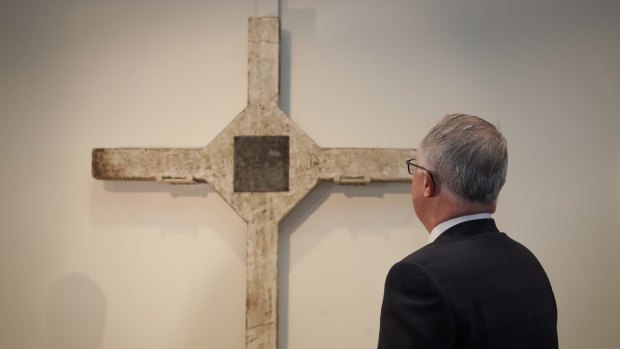 Prime Minister Malcolm Turnbull during the unveiling of the Long Tan Cross at the Australian War Memorial in Canberra.