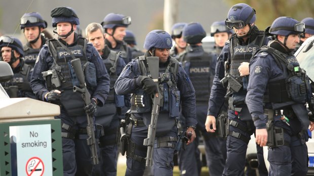 Victoria Police Special Operations Group members outside the Metropolitan Remand Centre, 20 kilometres west of Melbourne, on Tuesday.