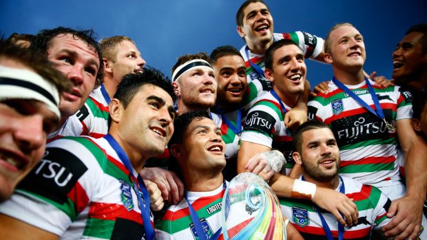 Champions again: Issac Luke and the Rabbitohs celebrate with the trophy following during the final between South Sydney and the Sharks in Auckland.