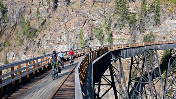 Cycling the old trestle bridges of the Kettle Valley Railway, beyond the Othello Tunnels.