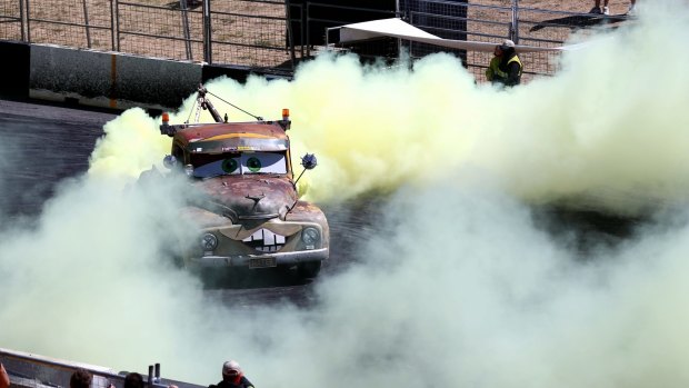 A real life Mater from 'Cars' does a burnout at Summernats in January.