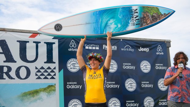 Tyler Wright celebrating her victory at the Maui Pro.