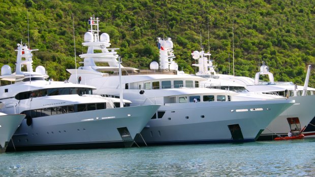 Superyachts lined up at Gustavia Bay, St. Barts. 