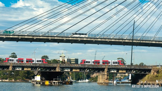 An artist's impression of trams running on the old Glebe Island Bridge.