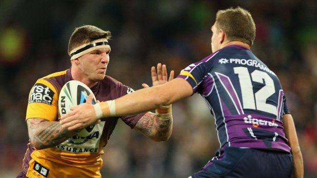 Broncos prop Josh McGuire charges into the opposition defence.