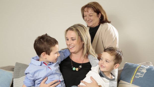 Dannielle Kelly, centre, has been named the Barnardos Mother of the Year for the ACT. She is pictured with sons Aidan, 4, and Liam, 7, and her mum Mary Ford, who nominated her for the award. 